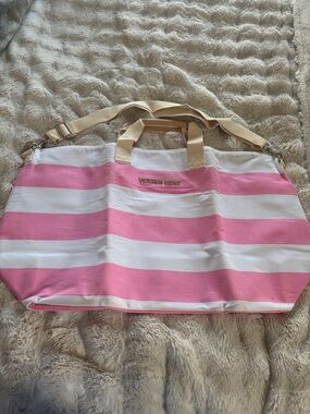 Victoria's Secret Pink and White Oversized Striped Tote with Cream Handles